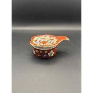 vtg MCM handpainted tea strainer w/ drip bowl‎ floral gold painted rim